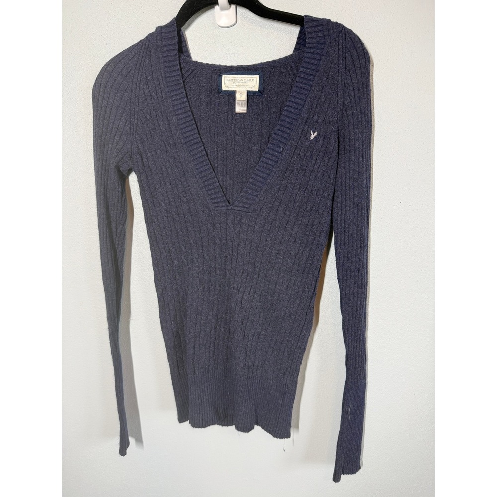 Y2K American Eagle Angora Blend Sweater Size S Blue V-Neck Hooded Cable Knit